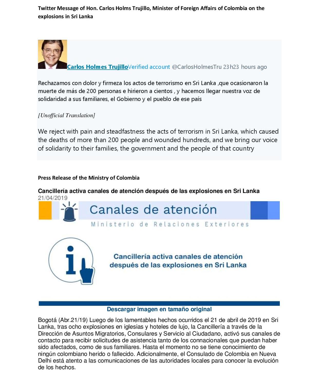 Colombia - Twitter Message and Press Release of Ministry of Foreign Affairs of Colombia -page-001