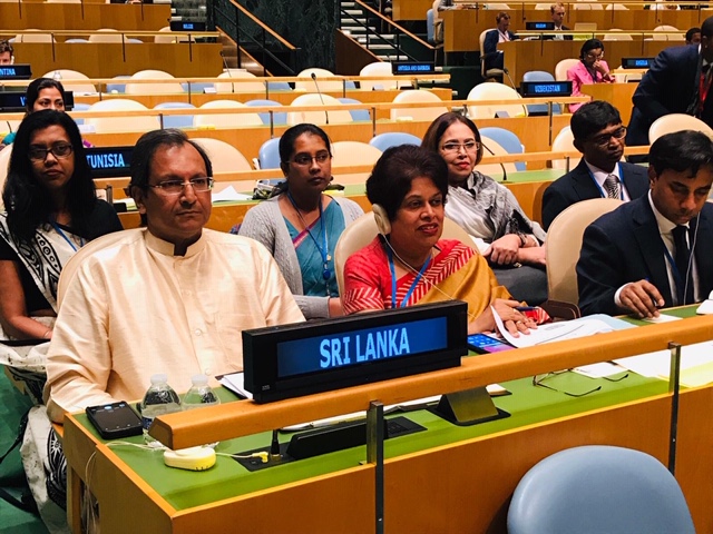 Foreign Secretary Ravinatha Aryasinha, Leader of the Sri Lanka Delegation, Sri Lanka’s Permanent Representative to the UN in New York H.E. Mrs. Kshenuka Senewiratne and the Sri Lanka Delegation at 74th United Nations General Assembly on 30 September 2019